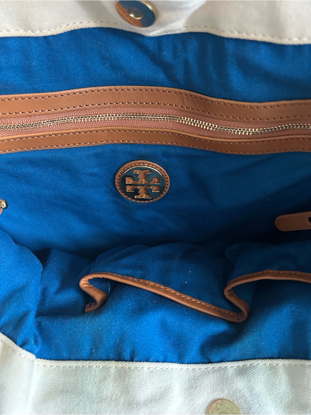 Tory Burch Two-Tone Canvas Tote in Cream, Yellow and Tan Leather - Picture 9 of 10